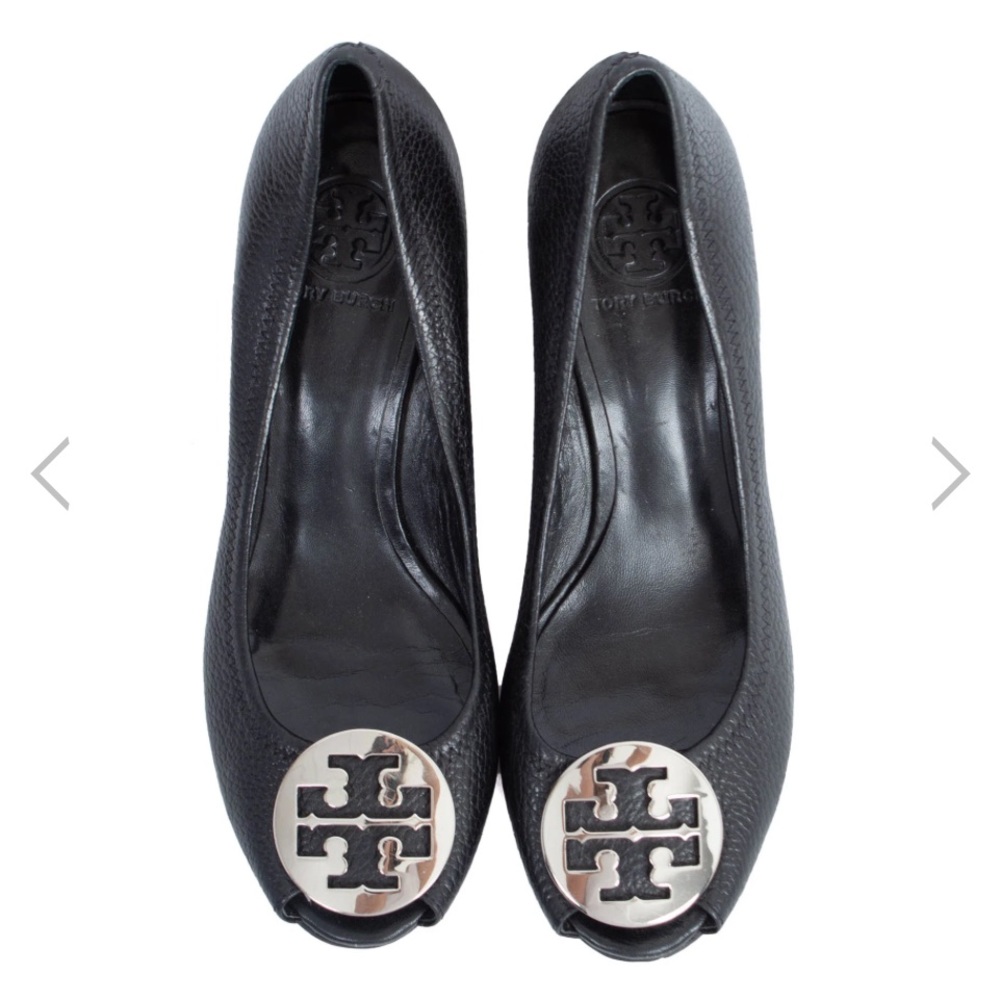 Tory Burch Black Leather Mid Heel Wedges- Size 8.5 (Pre Loved)